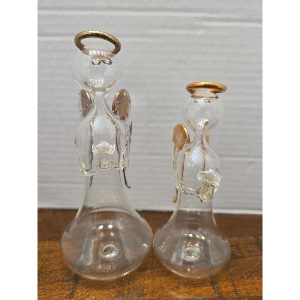 2 Vintage Soffieria Parise Made in Italy Blown Glass Angel Figurines Gold Trim